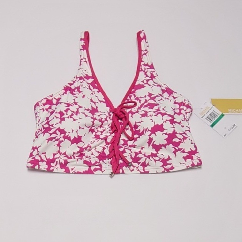 Michael Kors Women Bright Wild‎ Berry Floral Lace Up Bikini Top Large NEW